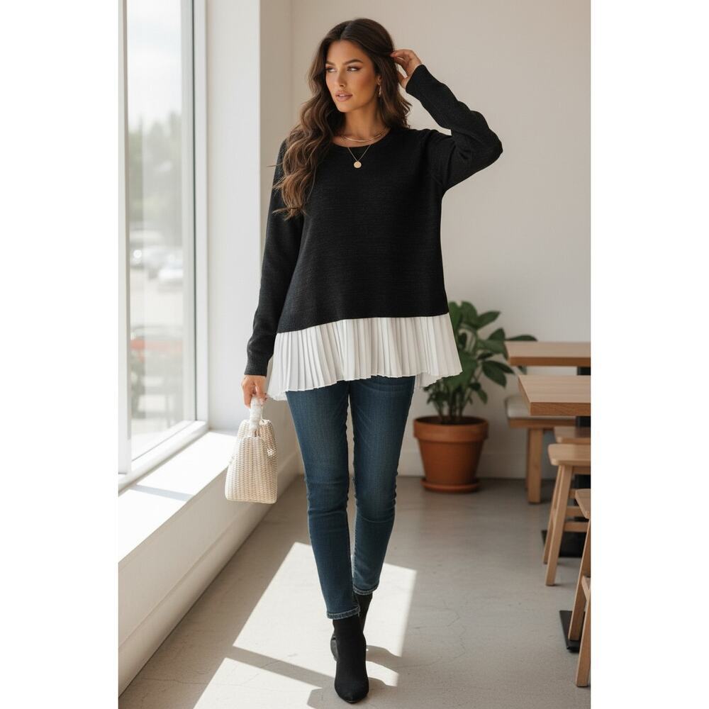 Fever Black Sweater w/ Chiffon Pleated Hem Loose Fit Tunic Top Women’s Small